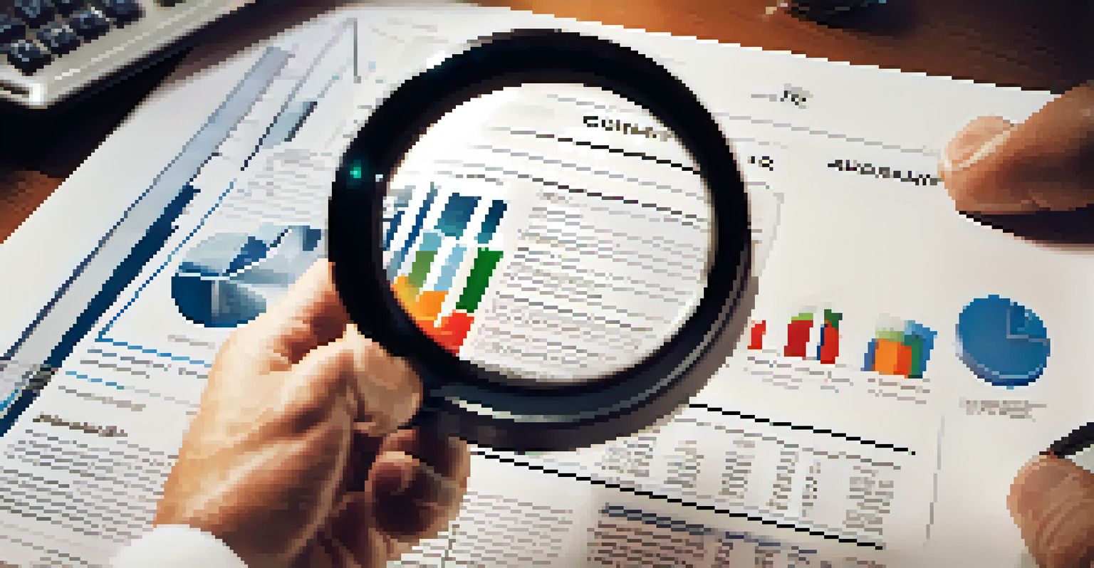 A hand holding a magnifying glass over a document about high-yield bonds, with an office background and financial charts blurred out.