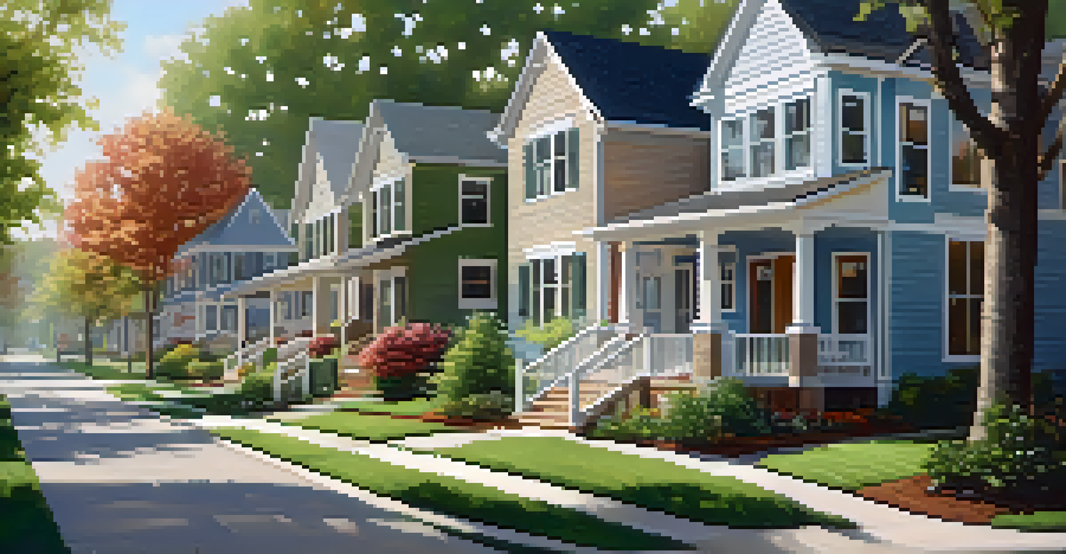 A suburban neighborhood with new houses, greenery, and a family enjoying their front yard in the morning light.