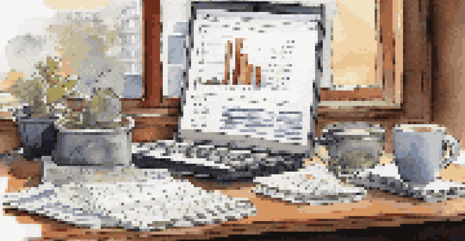 A financial analyst's desk with reports, a laptop showing stock charts, and a coffee cup in soft natural light.