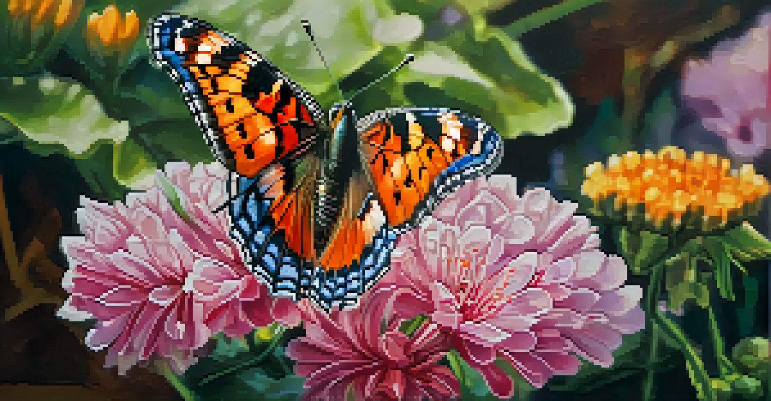 A close-up of a colorful butterfly on a flower, highlighting the intricate patterns on its wings.