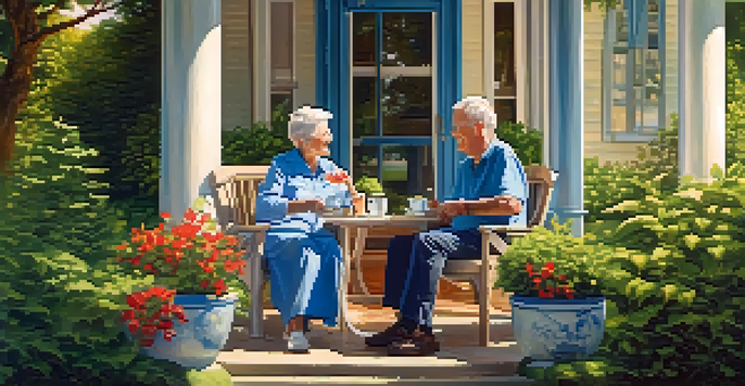 An elderly couple enjoying tea on a porch surrounded by a lush garden, with sunlight filtering through the leaves.