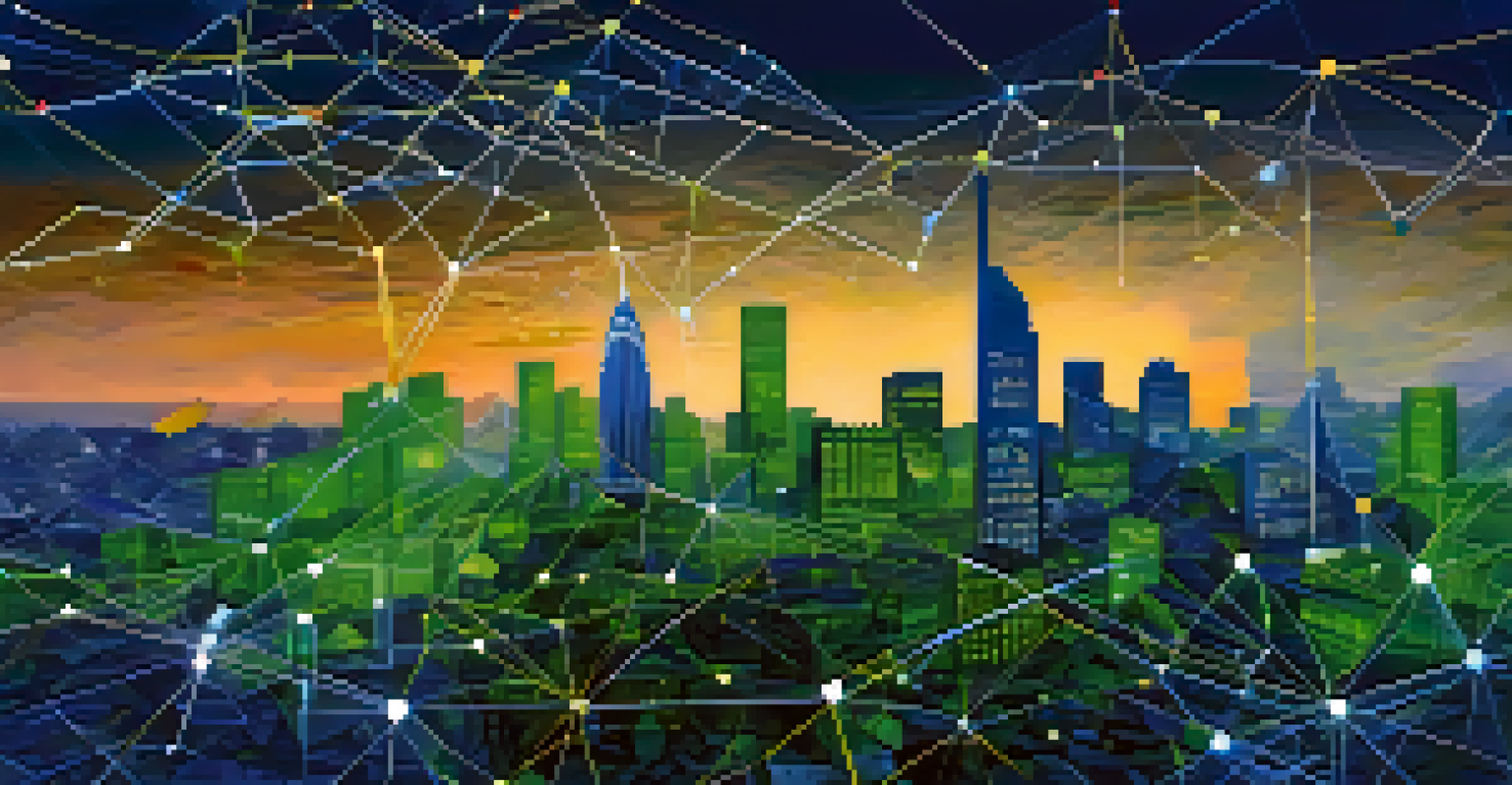 An abstract digital network of data points and graphs overlaying a city skyline at dusk.