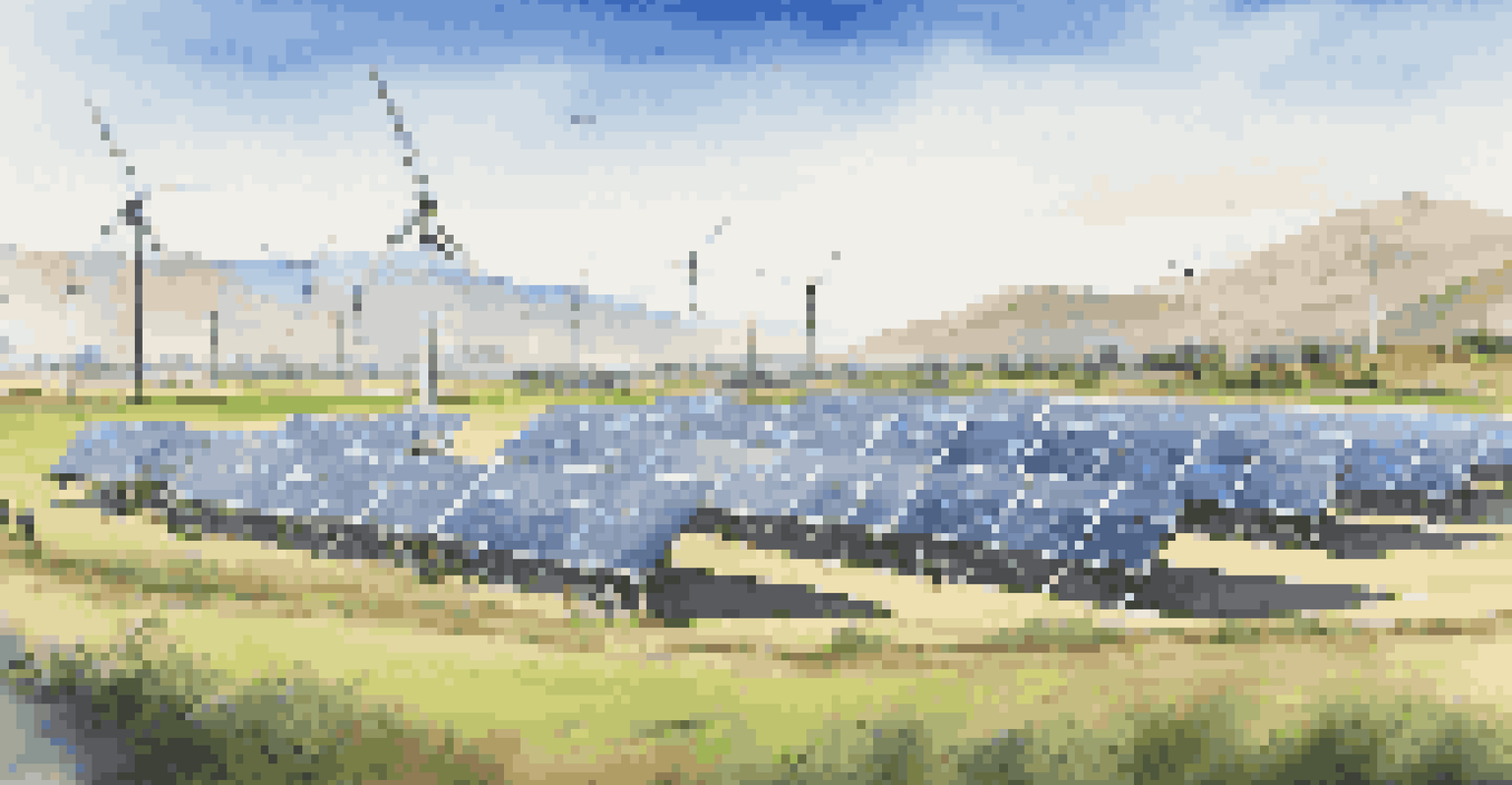 A landscape showing solar panels and wind turbines in a green area with mountains in the background, highlighting renewable energy.