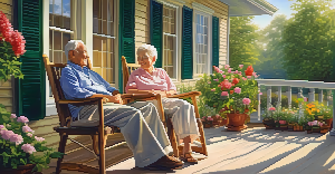 An elderly couple sitting on a porch surrounded by greenery and flowers, enjoying a peaceful moment in the sunlight.