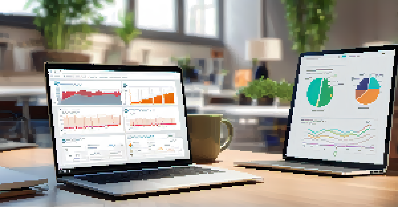 A close-up of a laptop screen displaying compliance management software with graphs and alerts, set in a tidy workspace.