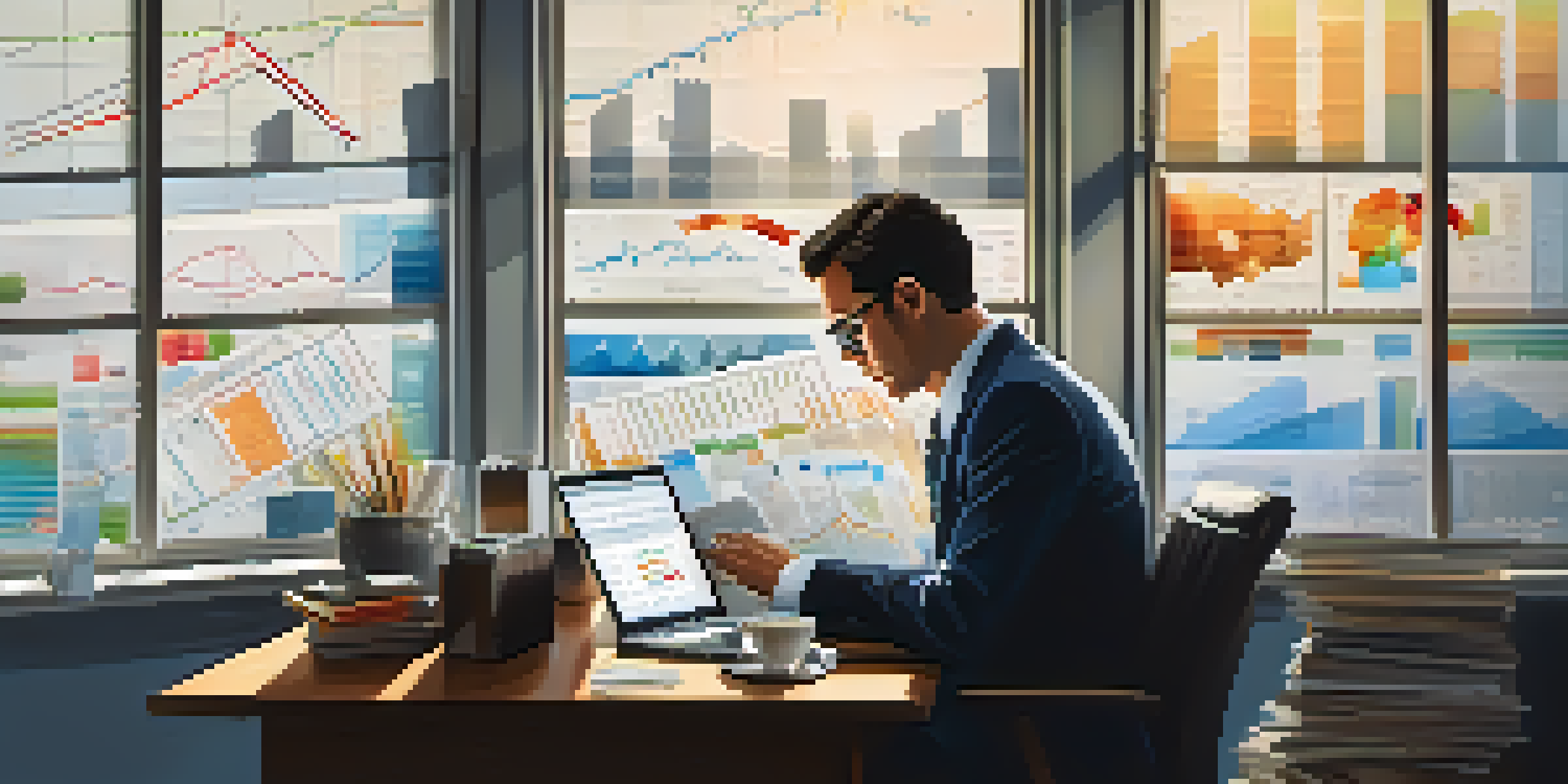 A financial analyst analyzing charts and graphs at a desk with a laptop and coffee cup in a well-lit office.