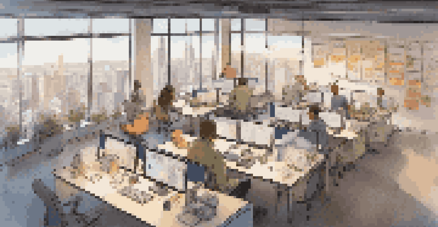 An overhead view of a collaborative workspace with team members using laptops, surrounded by research materials and sticky notes, with a city skyline visible through a large window.