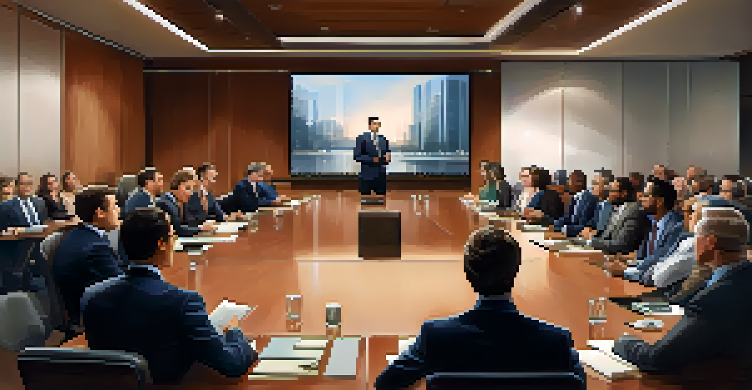 A well-dressed presenter showcasing a pitch deck in a conference room, while investors listen attentively.