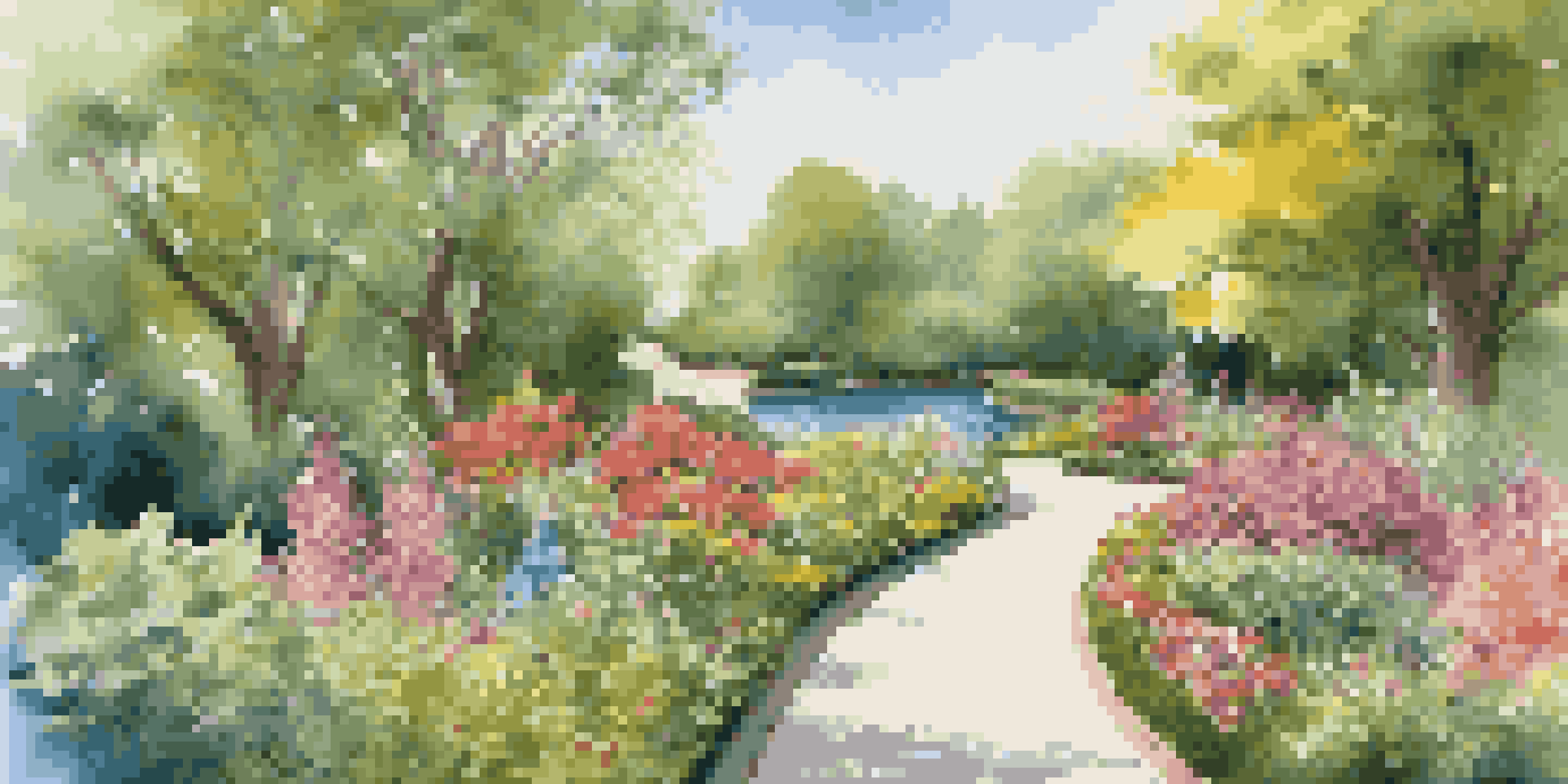 A picturesque park with two diverging pathways, one leading to a pond and the other to a flower garden, representing financial choices.