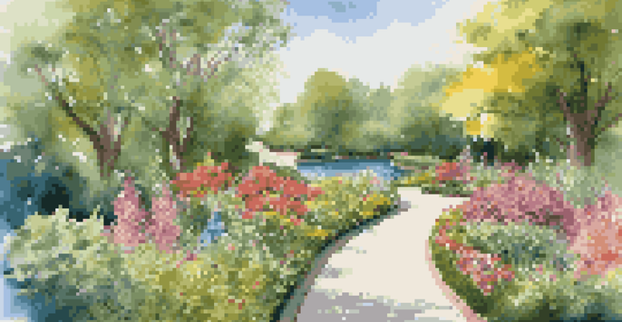 A picturesque park with two diverging pathways, one leading to a pond and the other to a flower garden, representing financial choices.