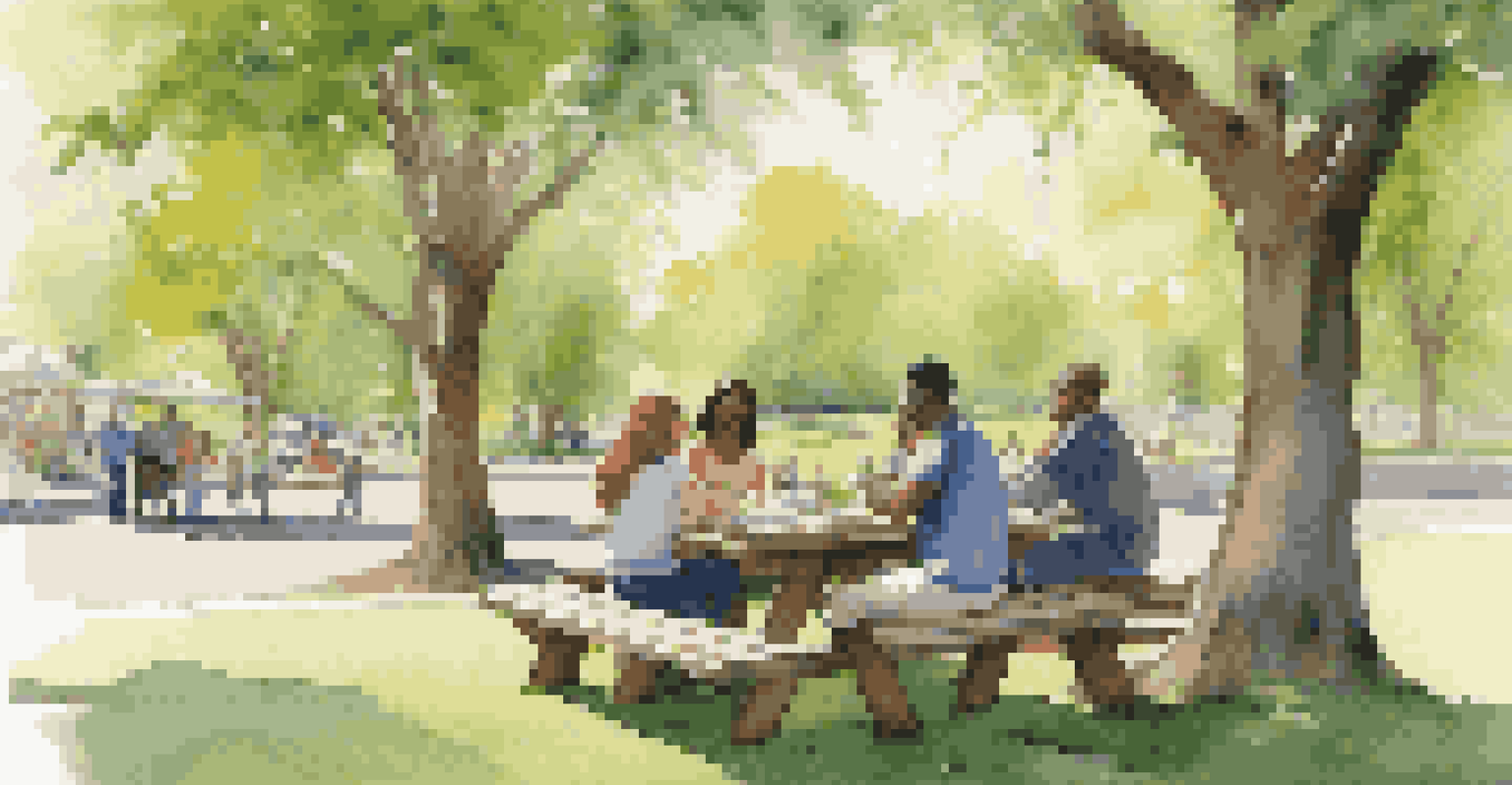 A diverse group of people discussing investment strategies at a picnic table in a sunny park surrounded by greenery and flowers.