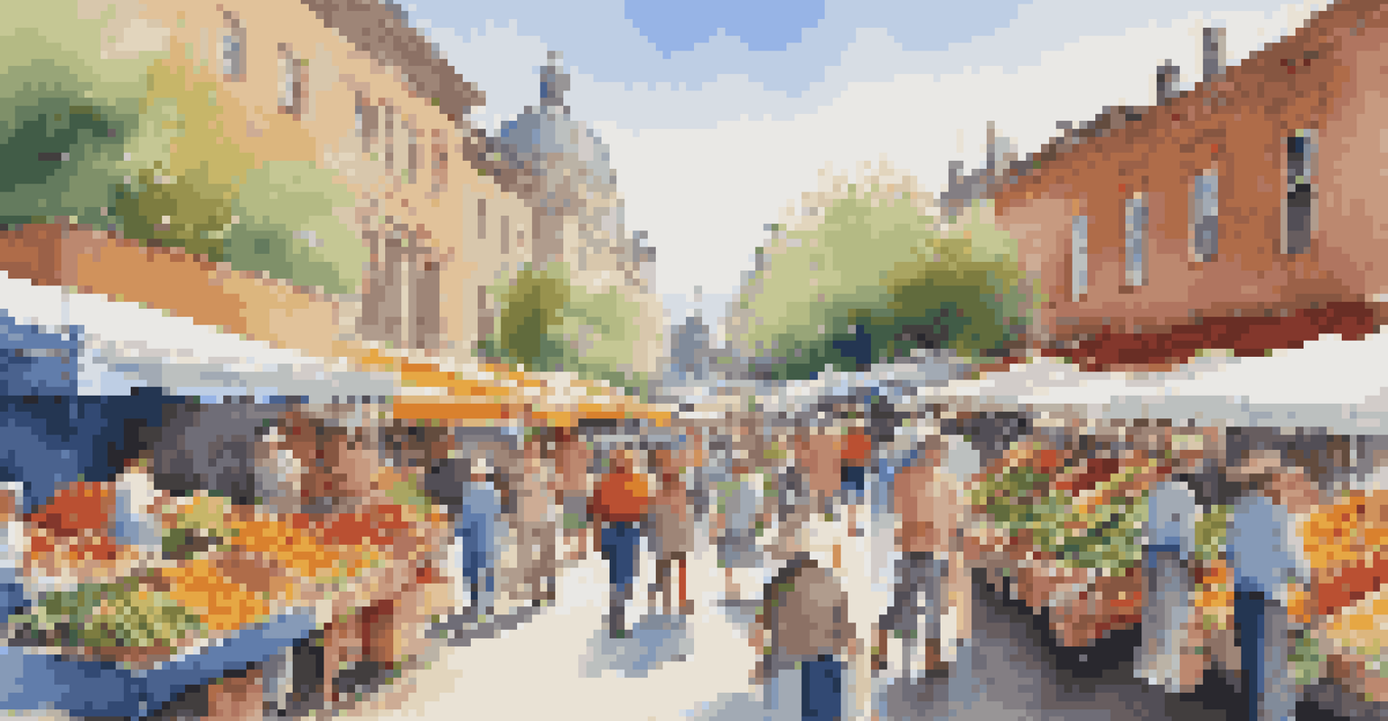 Busy farmer's market with colorful stalls and lively shoppers.