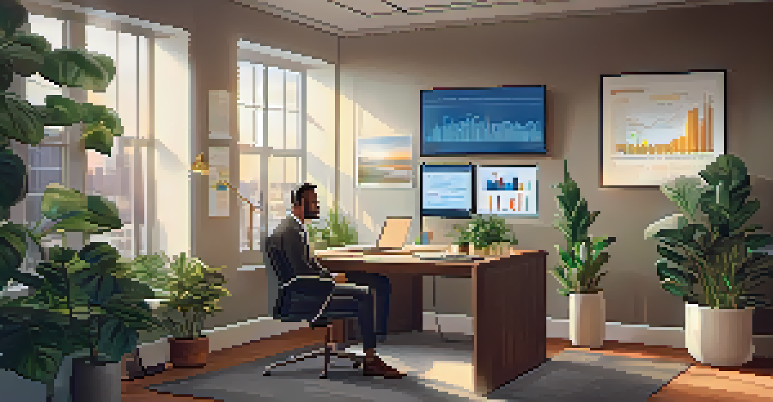 A financial advisor having a video call with a client in a modern office setting.
