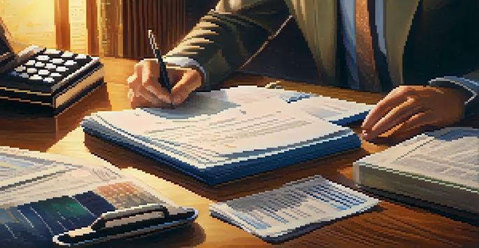 A person examining their credit report at a desk filled with financial documents and a calculator, with warm lighting creating a cozy atmosphere.