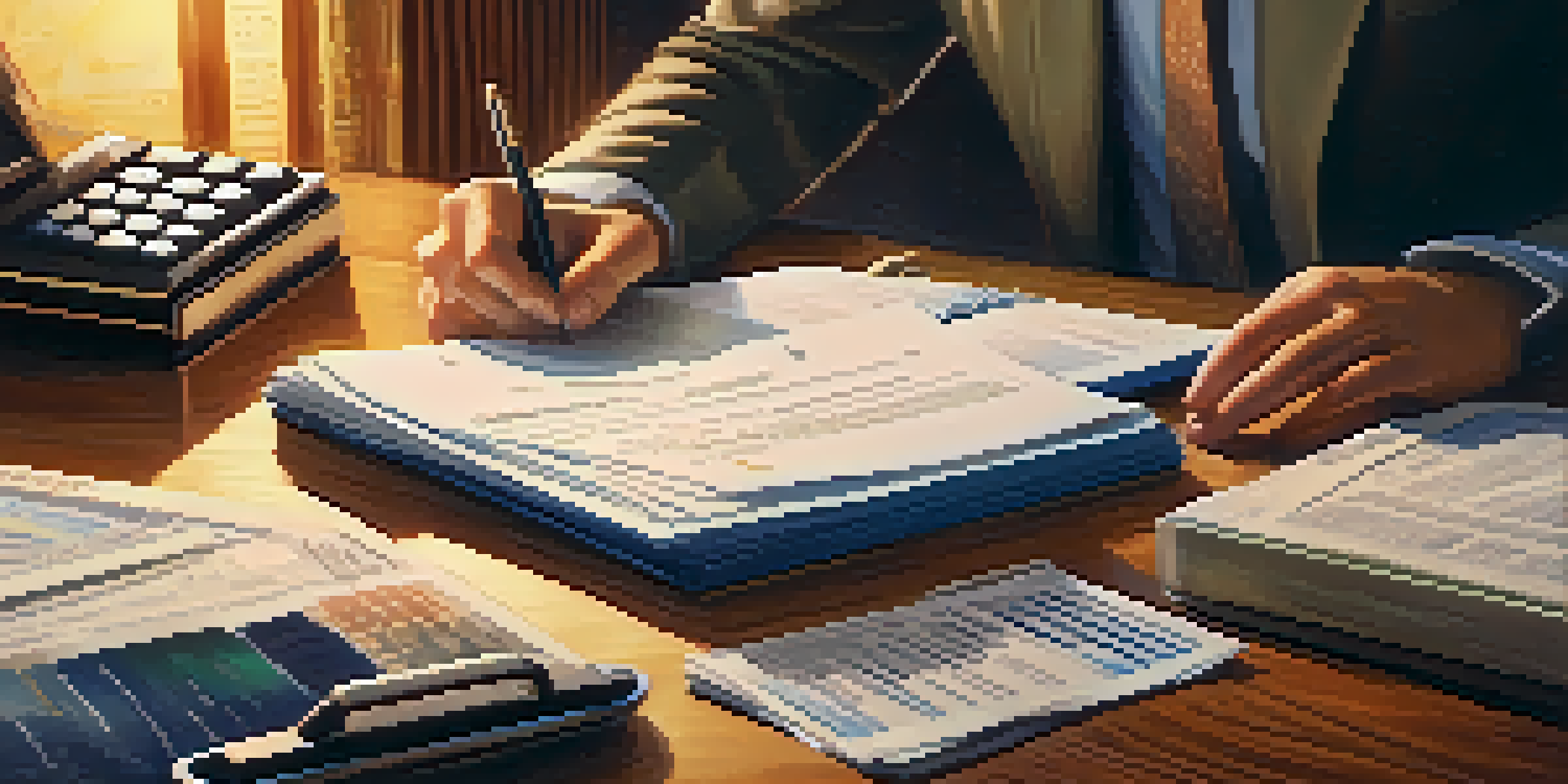 A person examining their credit report at a desk filled with financial documents and a calculator, with warm lighting creating a cozy atmosphere.