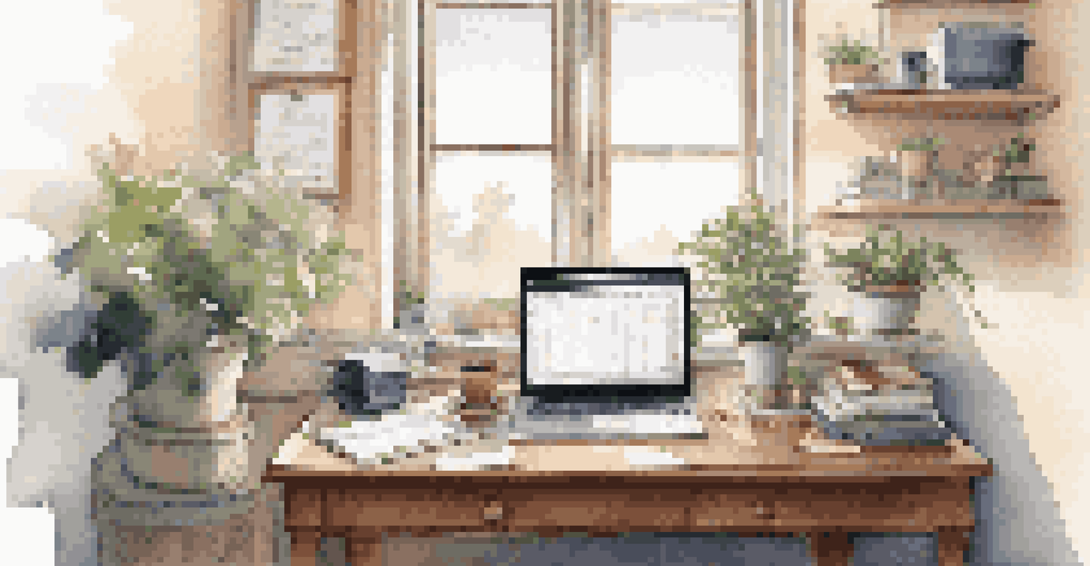 A calming workspace with a computer displaying stock market data and a well-organized desk.