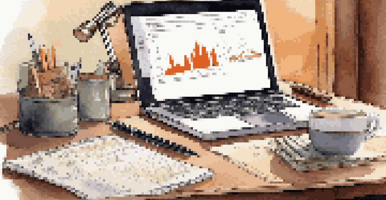 A financial planner's desk with a laptop showing stock market graphs, a notepad, and a cup of coffee under warm lighting.