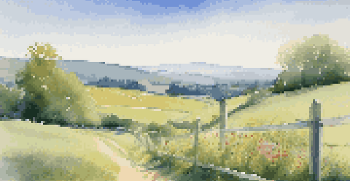 A picturesque field with rolling hills, wooden fence, and colorful wildflowers under a blue sky.