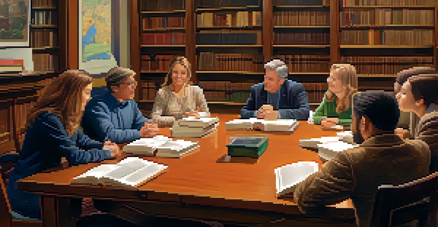 A diverse group of people in a library discussing investing, with books and a chalkboard in the background, set in a warm and inviting atmosphere.