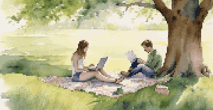 A young couple sitting on a picnic blanket under a large tree, looking at their finances with a laptop and notebooks, in a green outdoor setting.