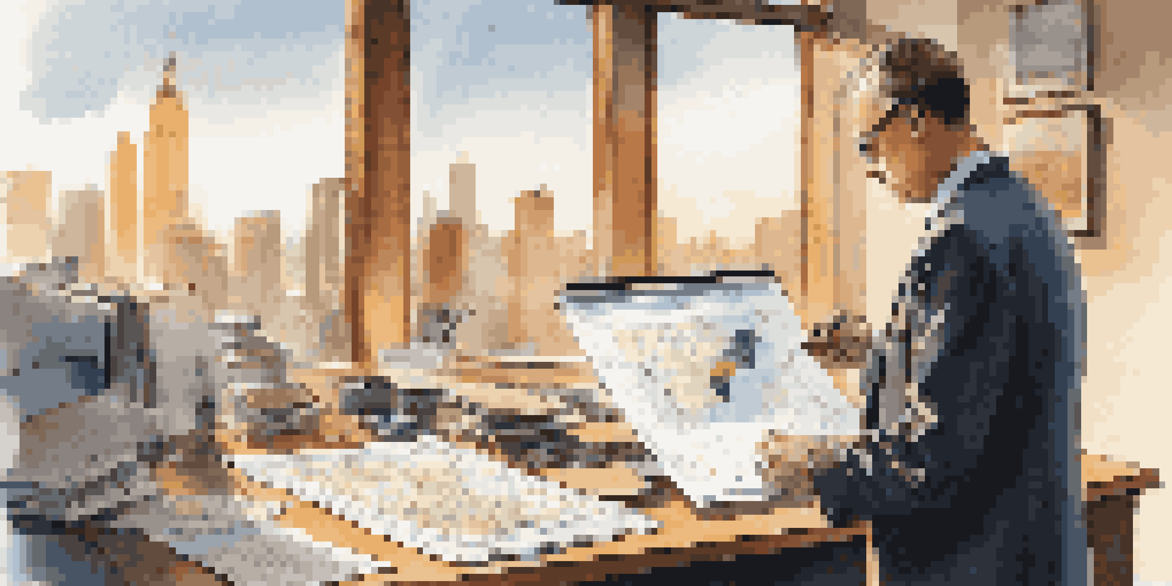 A professional appraiser analyzing a property valuation report in an office filled with charts, graphs, and a city skyline visible through the window.