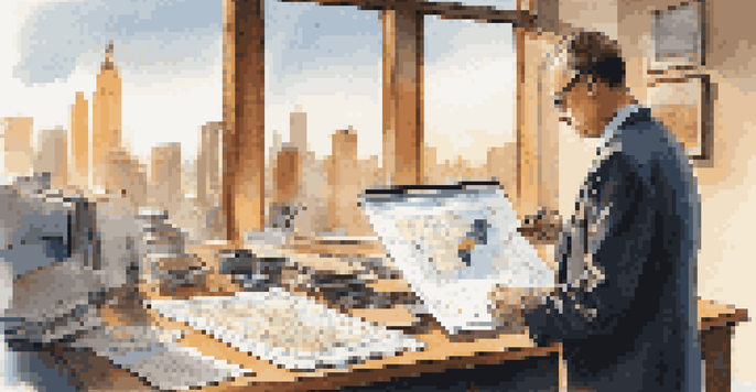 A professional appraiser analyzing a property valuation report in an office filled with charts, graphs, and a city skyline visible through the window.