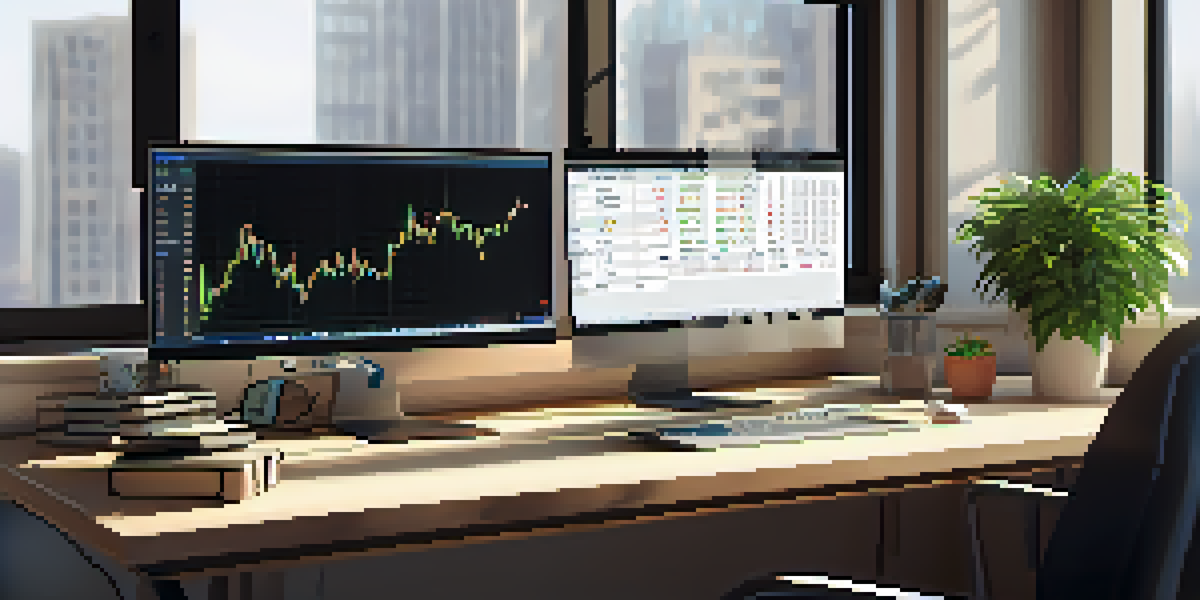 A trading desk with a computer showing stock charts and technical indicators, complemented by a notepad and a coffee cup, illuminated by soft natural light.