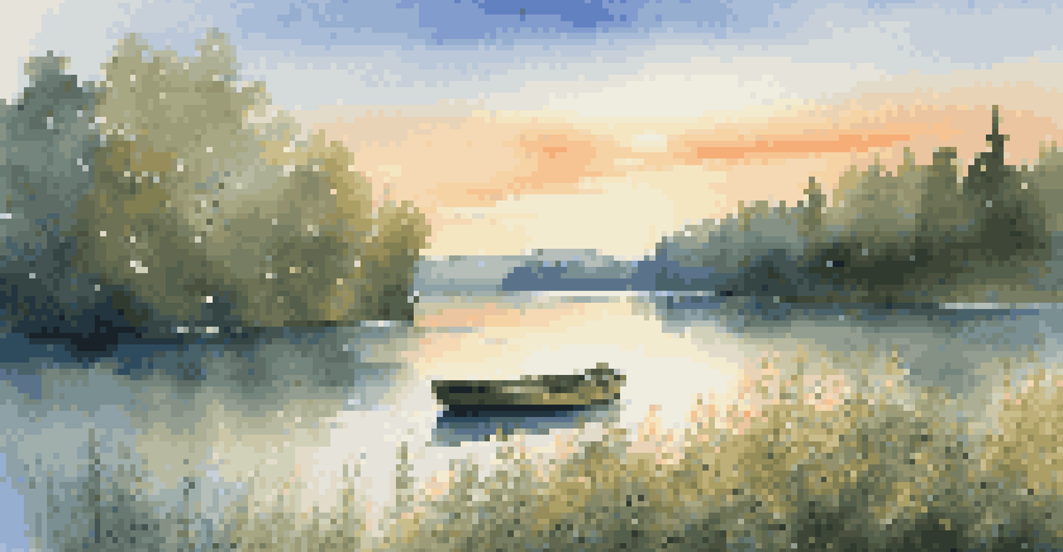 A peaceful lake scene with a wooden boat and wildflowers, surrounded by green trees under a sunset sky.