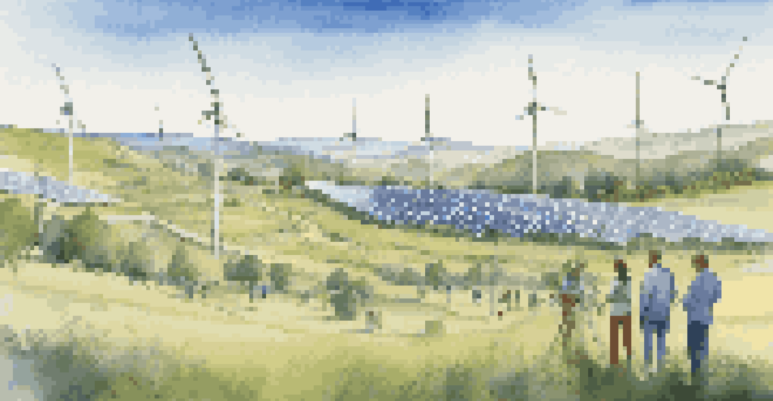 A picturesque view of a solar farm and wind turbines with people discussing sustainable investment.