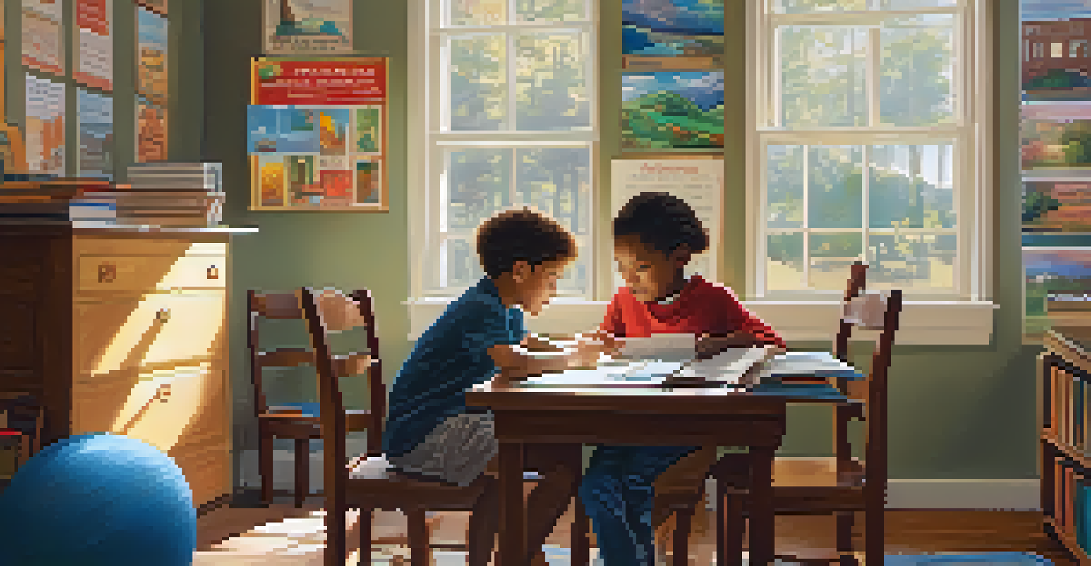 A volunteer assisting a child with homework in a sunlit room filled with educational posters and supplies.