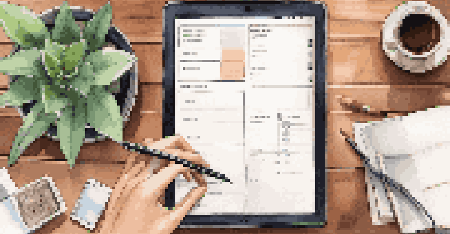 An organized workspace with a planner, budgeting apps on a tablet, and a cup of coffee on a wooden desk.