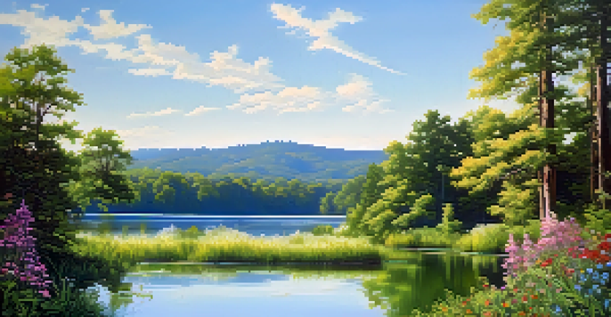 A peaceful lake scene with green trees and colorful wildflowers, reflecting sunlight.