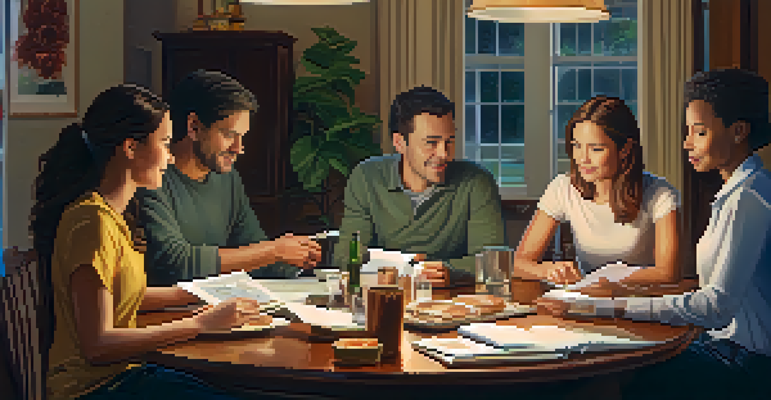 A family discussing financial goals at a dining table with a laptop and papers, in a warm and inviting setting.