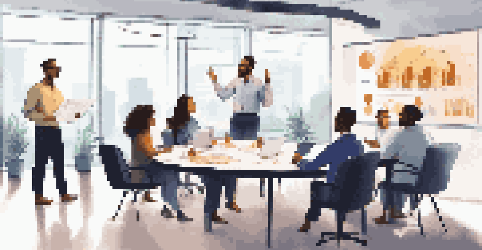 A diverse group of people in a meeting room discussing financial goals, with charts displayed on a screen.