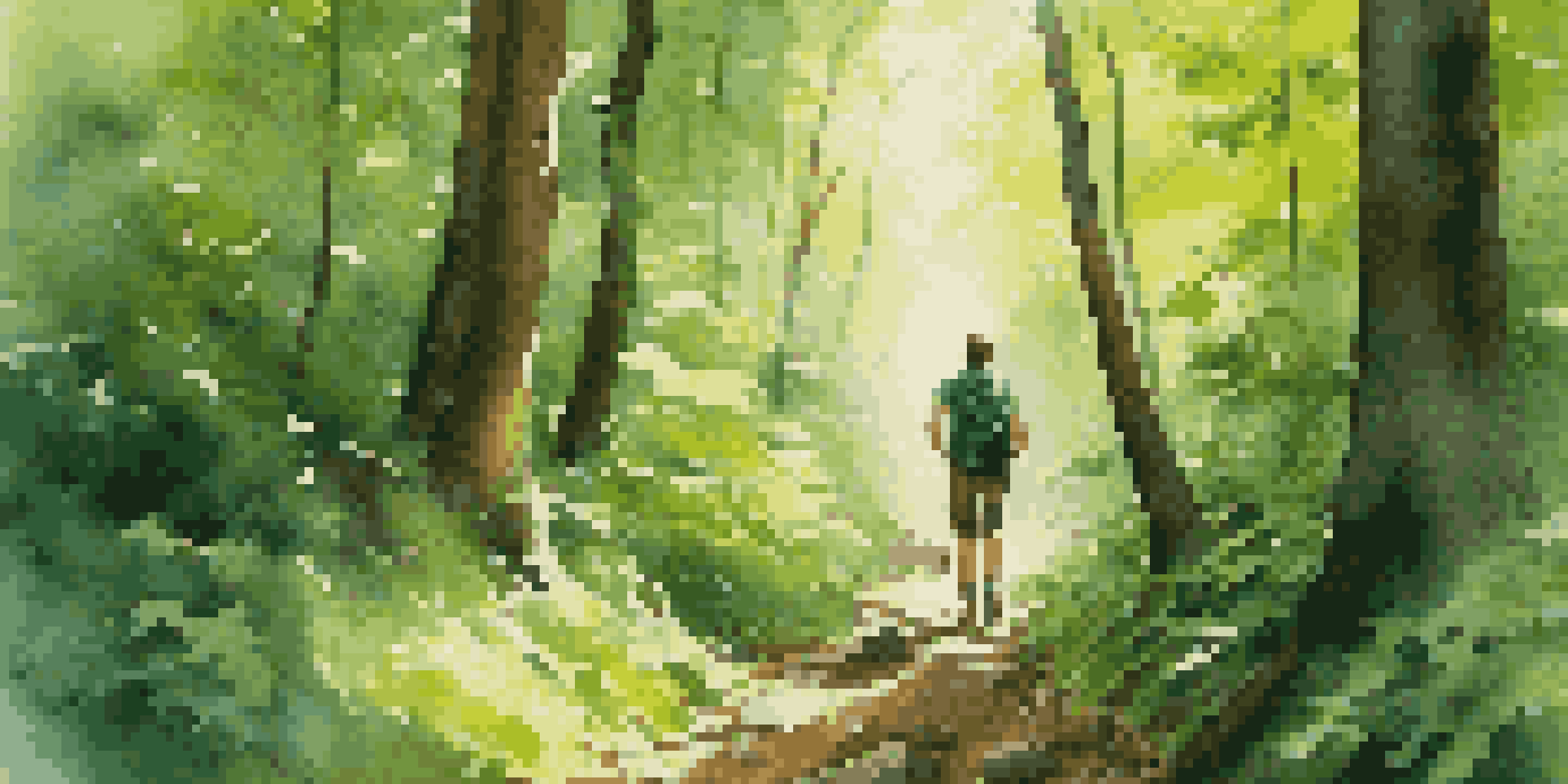 A hiker walking through a sunlit forest, holding a compass, with vibrant green trees and a visible trail.