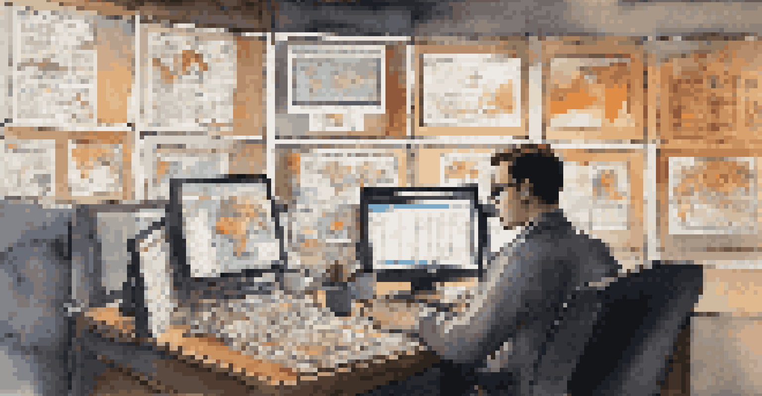 A person engaged in stock trading at a desk surrounded by monitors displaying charts and news, in a dimly lit room.