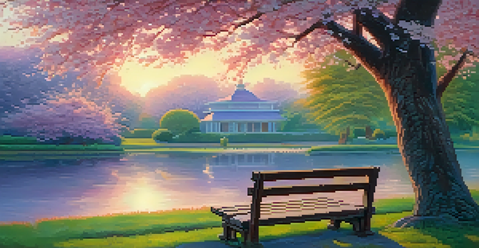 A peaceful garden at sunset with a bench under a cherry tree and a pond.