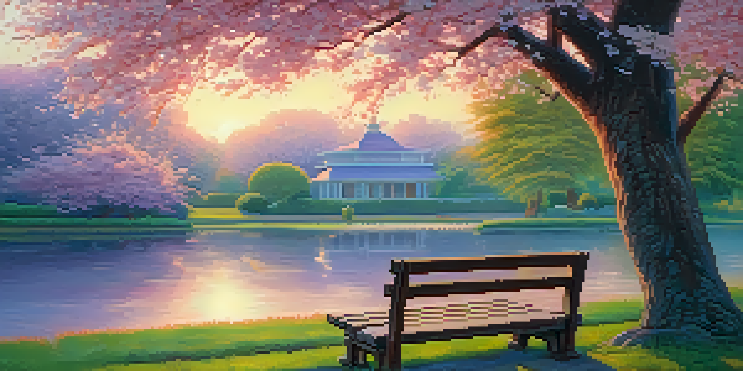 A peaceful garden at sunset with a bench under a cherry tree and a pond.