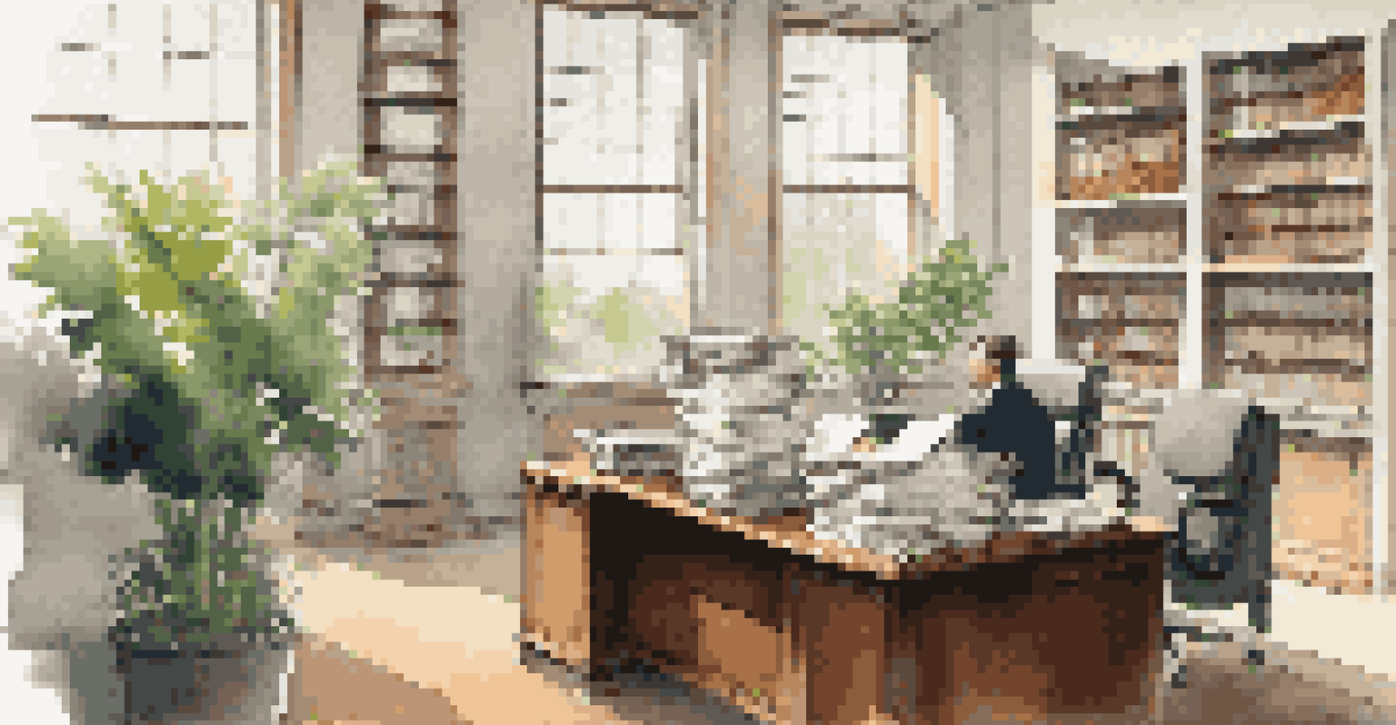 An office scene with a compliance officer reviewing legal documents in a well-lit environment with plants and books.
