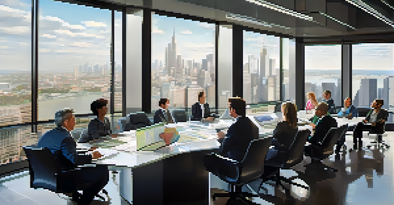 A diverse group of professionals at a conference table discussing investment strategies, with laptops and a screen showing market data, and a city skyline in the background.