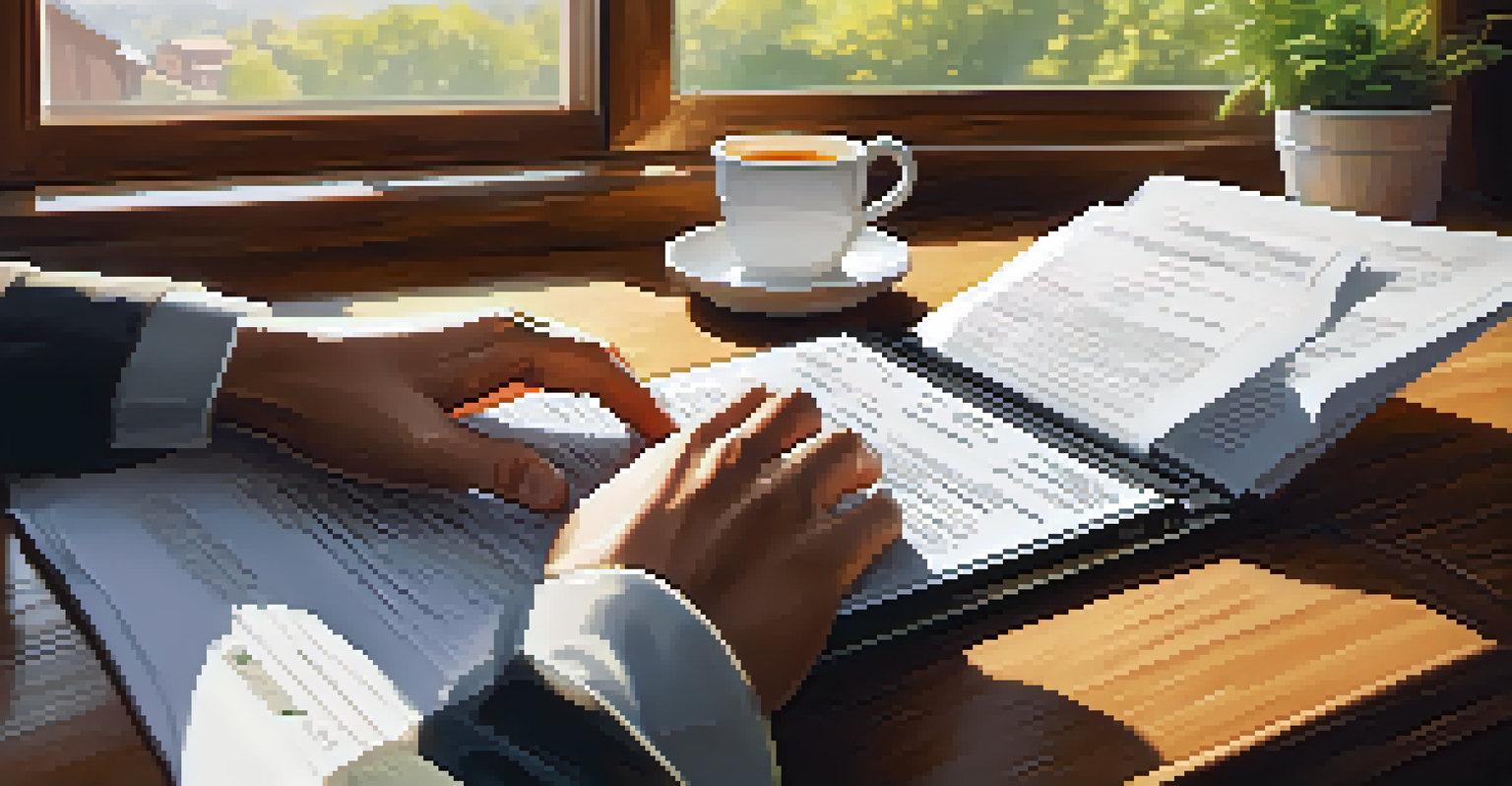 Close-up of hands on a laptop with financial documents and a cup of tea on a wooden table, illuminated by sunlight.