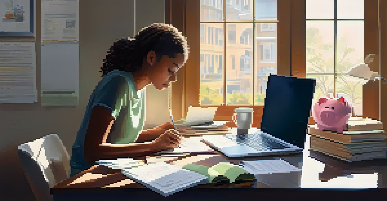 A freelancer at a desk with a laptop, financial documents, and a piggy bank in a well-lit workspace.