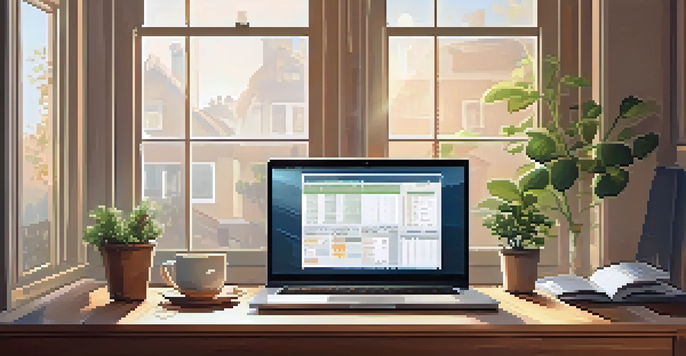 A warm and inviting home office featuring a wooden desk with a laptop displaying a budgeting spreadsheet, a cup of coffee, and a potted plant, illuminated by natural light.