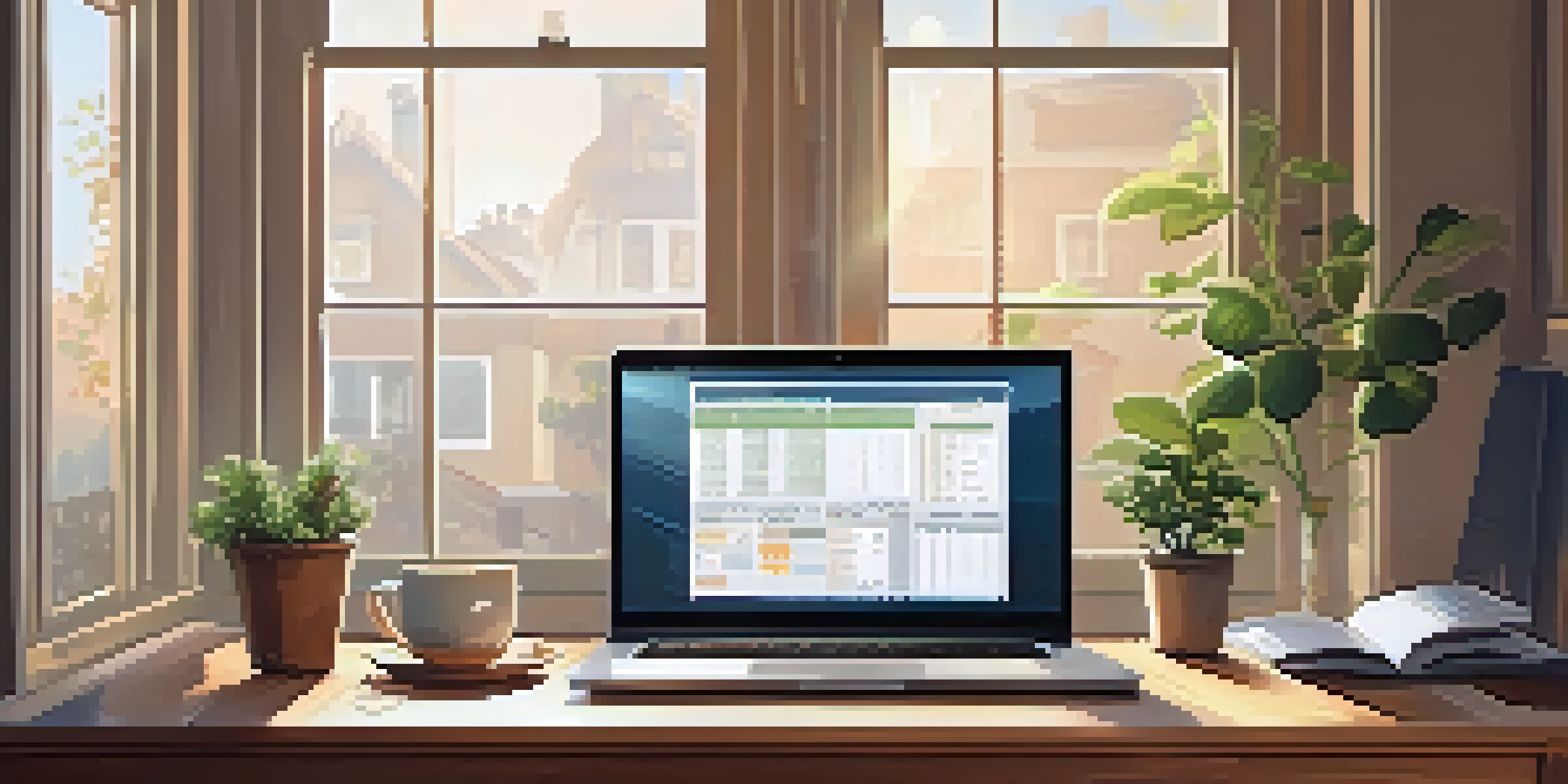 A warm and inviting home office featuring a wooden desk with a laptop displaying a budgeting spreadsheet, a cup of coffee, and a potted plant, illuminated by natural light.
