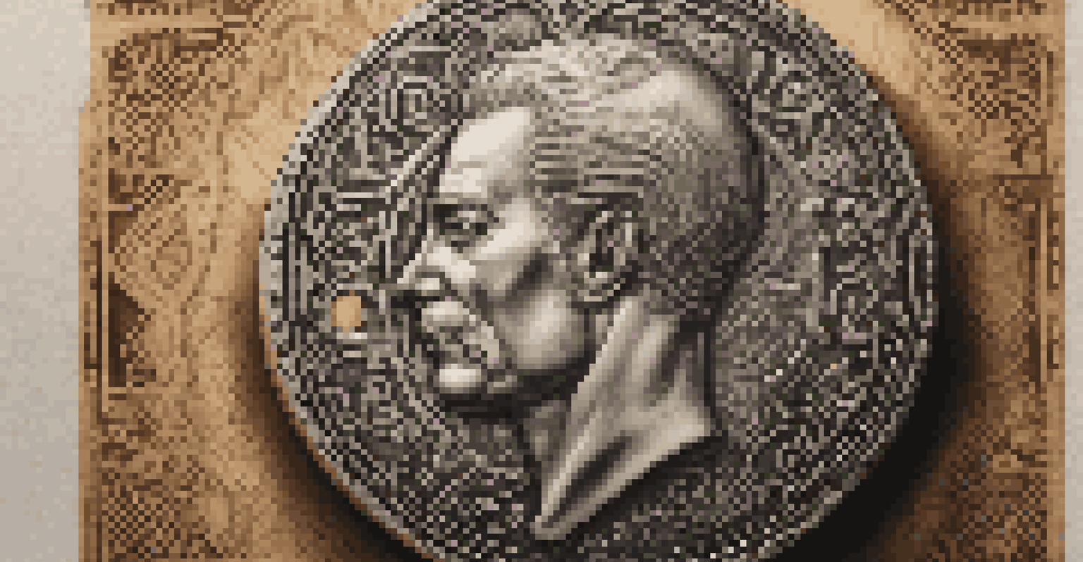 A detailed close-up of an old coin showcasing engravings on a textured wooden surface with soft lighting.