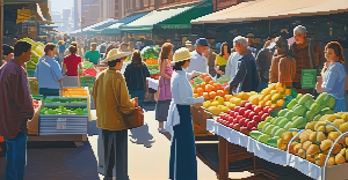 A lively city market filled with colorful fruits and vegetables, with people shopping and chatting under bright sunlight.