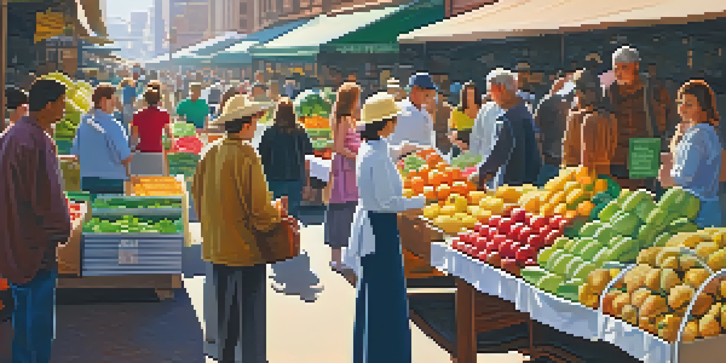 A lively city market filled with colorful fruits and vegetables, with people shopping and chatting under bright sunlight.