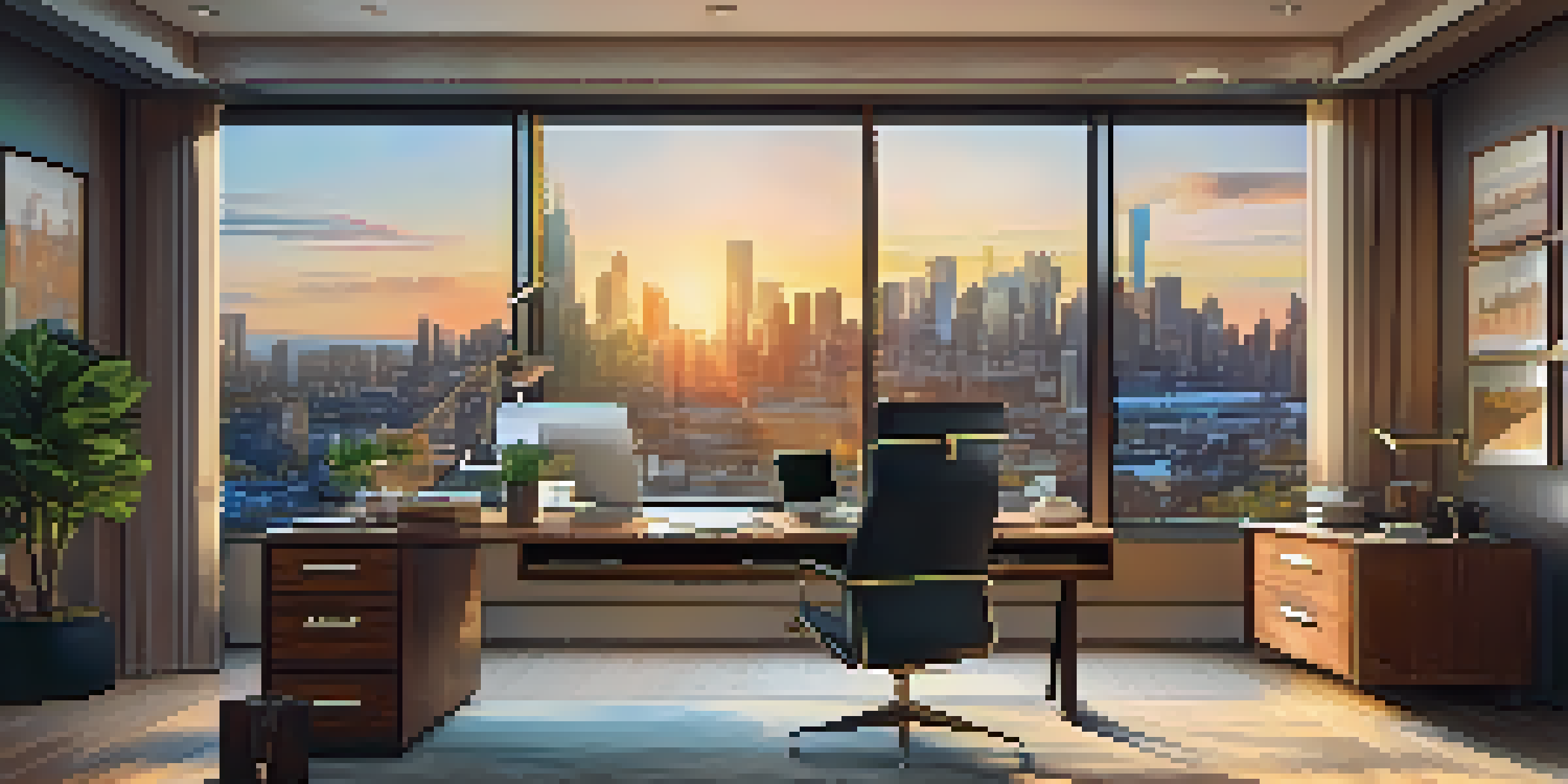 An elegant office with a wooden desk, a laptop showing financial data, and a view of a sunset city skyline through the window.