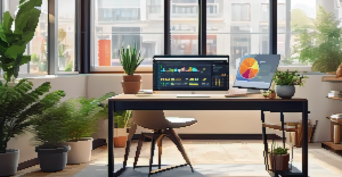A well-lit modern workspace with a laptop showing financial data, colorful charts, potted plants, and a coffee mug.