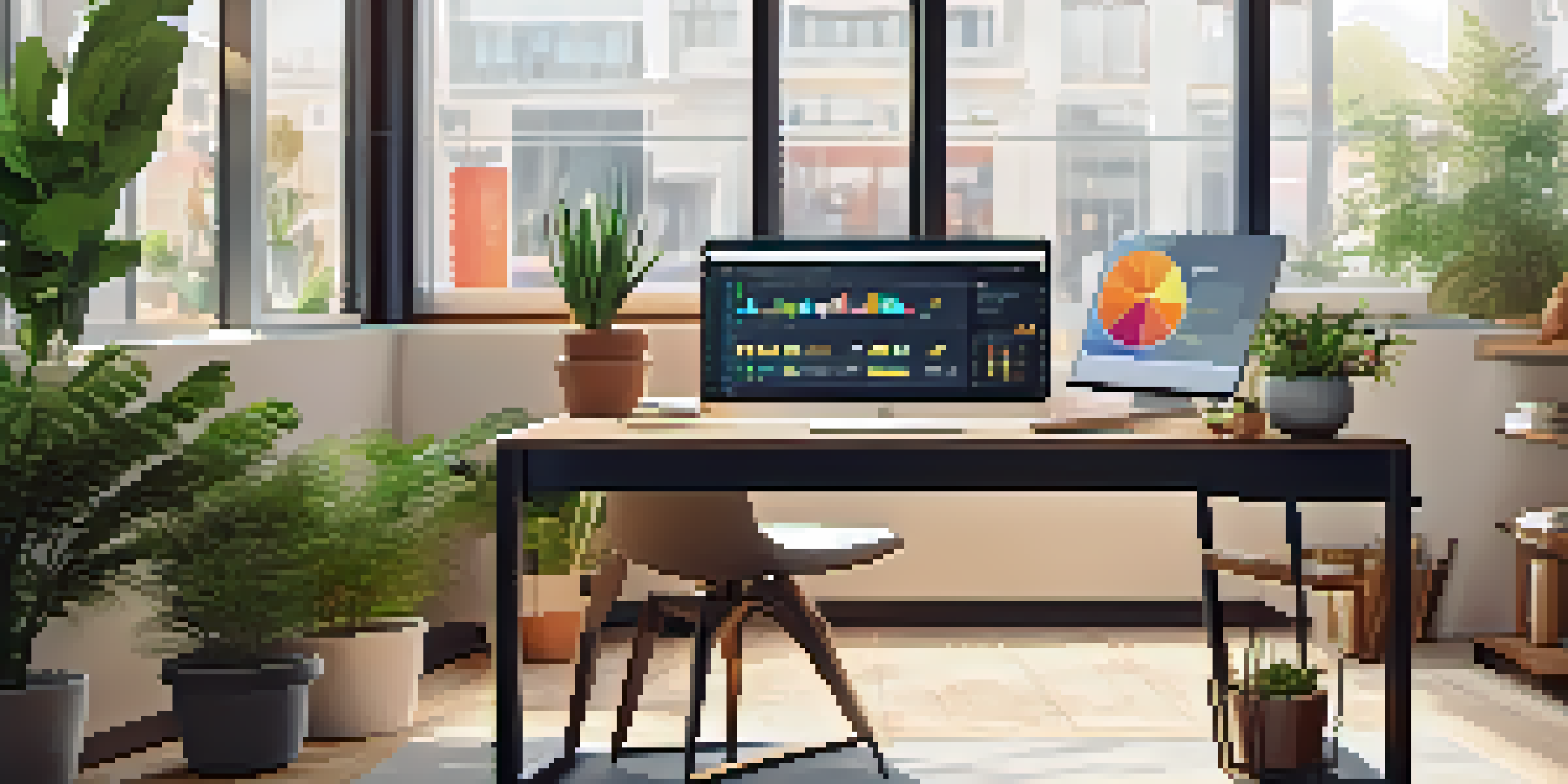 A well-lit modern workspace with a laptop showing financial data, colorful charts, potted plants, and a coffee mug.